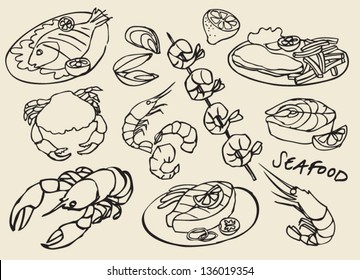 Vector seafood doodle set