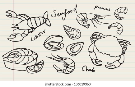 Vector seafood doodle set