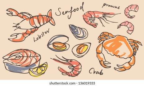 Vector seafood drawing set