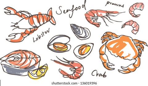 Vector seafood drawing set