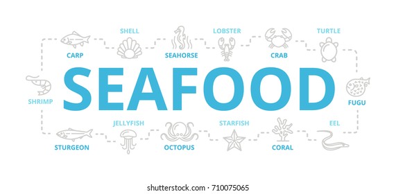 Vector seafood and fish thin line banner for design concept. Illustration for presentations on white background