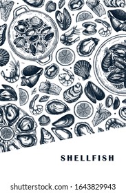 Vector seafood flyer design. Hand drawn fish, shellfish, shrimps, mollusks sketches with herbs, spices, lemon. Great for package, recipes, seafood restaurant, shop menu. Cooked mussels, oysters,clams.