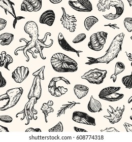 Vector seafood, hand drawn illustrations. Pattern with seafood products. 