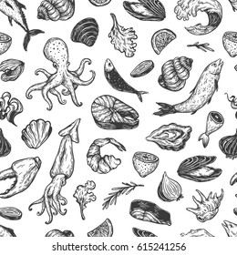 Vector seafood, hand drawn illustrations. Pattern with seafood products. 