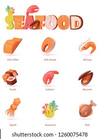 Vector seafood icon set. Includes colorful and bright fish fillet and steak, shrimp, lobster, mussel, squid, sushi and seaweed icons