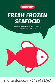 Vector seafood icon template. Modern fish illustration poster. Flat sea food pictogram of marine products. Grocery shop department label, food promo, ad, banner, package, design, background