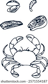 Vector seafood icons. Crab, trout, shrimp and shrimps. Simple icons for menus, posters, and postcards.