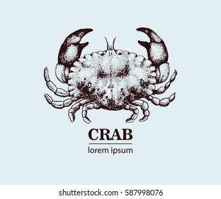 Vector seafood illustration with crab. Retro logo temtlate.
