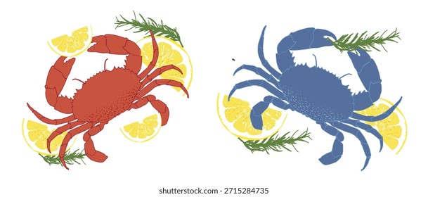 Ilustración de mariscos de Vector: cangrejos rojos y azules, en blanco con rodajas de limón y romero. Estilo plano, colores vibrantes, ideal para menús, embalaje e impresión.