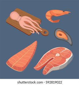 Vector Seafood illustrations set flat fresh fish and crab. Lobster and oyster, shrimp and menu, octopus animal, shellfish lemon
