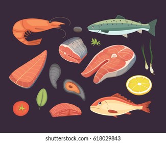 Vector Seafood illustrations set flat fresh fish