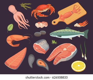 Vector Seafood illustrations set flat fresh fish and crab. Lobster and oyster, shrimp and menu, octopus animal, shellfish lemon