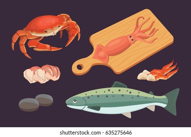 Vector Seafood illustrations set flat fresh fish and crab. Lobster and salmon