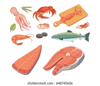 Vector Seafood illustrations set flat fresh fish and crab. Lobster and oyster, shrimp and menu, octopus animal, shellfish lemon.