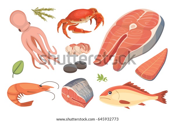 ベクターシーフードのイラストは 平たい新鮮な魚とカニをセットします ロブスターとカキ エビ とメニュー タコの動物 貝のレモン のベクター画像素材 ロイヤリティフリー