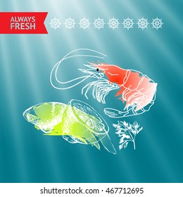 Vector seafood label with shrimp silhouette, lemons, helms and words Always Fresh on blue background.