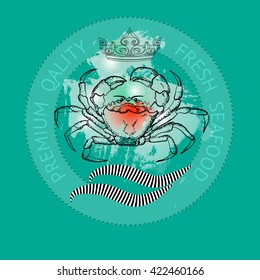 Vector seafood label with silhouette crab and crown on aquamarine background.