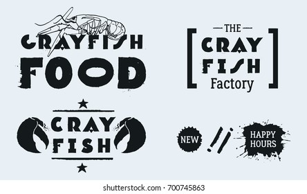 Vector seafood labels: hand drawn illustrations, ink lettering. CRAYFISH FOOD with lobster. The CRAYFISH Factory. Claw illustration with line, star decoration and text CRAYFISH. Blots NEW, HAPPY HOURS