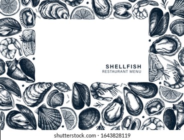 Vector seafood landscape menu design. Hand drawn fish, shellfish, shrimps, mollusks sketches with herbs, spices,  lemon. Great for seafood restaurant or shop menu. Cooked shellfish top view temple.