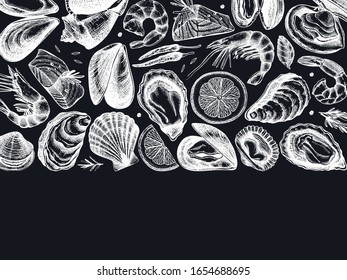 Vector seafood landscape menu design on chalk board. Hand drawn fish, shellfish, shrimps, mollusks sketches with herbs, spices. Great for seafood restaurant menu. Cooked shellfish top view temple.