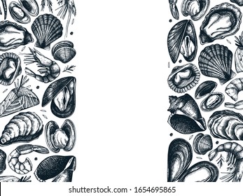 Vector seafood landscape menu design. Hand drawn fish, shellfish, shrimps, mollusks sketches with herbs, spices,  lemon. Great for seafood restaurant or shop menu. Cooked shellfish top view temple.