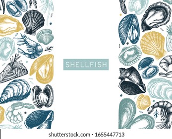 Vector seafood landscape menu design. Hand drawn fish, shellfish, shrimps, mollusks sketches with herbs, spices,  lemon. Great for seafood restaurant or shop menu. Cooked shellfish top view temple.