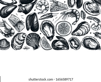 Diseño de menús de mariscos vectoriales. Pescados dibujados a mano, moluscos, gambas, moluscos con hierbas, especias. Excelente para el menú del restaurante de marisco. Templo de marisco cocinado en la cima.