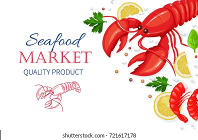 Vector seafood. Lobster and shrimps with aromatic herbs and lemon. Healthy food cooking concept.