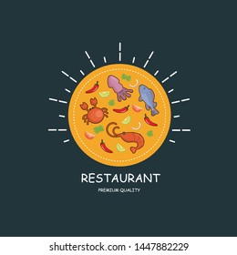 Vector seafood logo. Lobster, salmon, shrimp, octopus, squid,.Engraved art in round border composition. Delicious menu objects. Use for restaurant, promotion market store banner