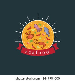 Vector seafood logo. Lobster, salmon, shrimp, octopus, squid,.Engraved art in round border composition. Delicious menu objects. Use for restaurant, promotion market store banner