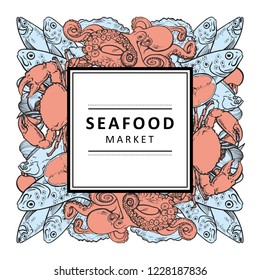 Vector seafood market restaurant, cafe logo, advertising poster with square underwater animals delicacy sketch pattern. Marine composition with octopus crawfish, lobster flatfish with lemon slice