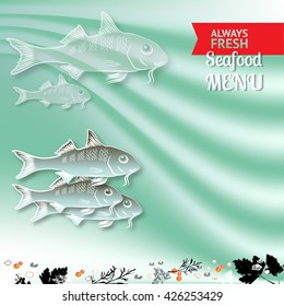 Vector seafood menu  composition with fishes and place for your text on wave aquamarine  background.