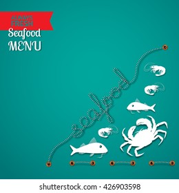 Vector seafood menu  composition with place for your text on aquamarine background.