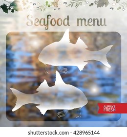 Vector seafood menu  composition with silhouette two fishes on blue background.