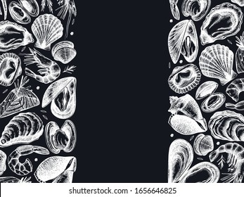 Vector seafood menu design on chalk board. Hand drawn fish, shellfish, shrimps, mollusks sketches with herbs, spices,  lemon. Great for seafood restaurant or shop menu. Cooked shellfish top view.