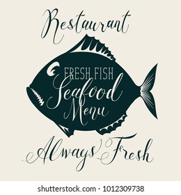 Vector seafood menu for restaurant or shop with decorative fish, handwritten inscriptions and words fresh fish on the beige background in retro style.