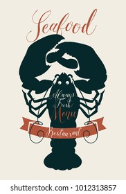 Vector seafood menu for restaurant or shop with the silhouette of a lobster and handwritten inscriptions in retro style