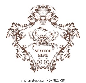 Vector seafood menu template. Ornate contour of crab and vintage hand-drawn frame in sepia on white background.