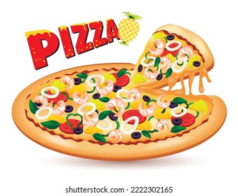 Vector seafood pizza slice. Fast food Illustration.