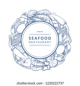 Vector seafood restaurant, cafe logo, advertising poster with circle underwater animals monochrome pattern. Marine composition with crawfish, lobster flatfish squid with lemon slice