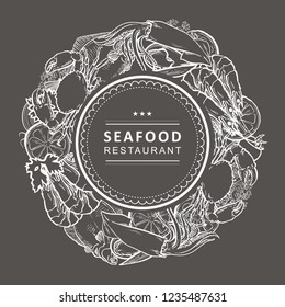 Vector seafood restaurant, cafe logo, advertising poster with circle underwater animals monochrome pattern. Marine composition with crawfish, lobster flatfish squid with lemon slice chalk on black