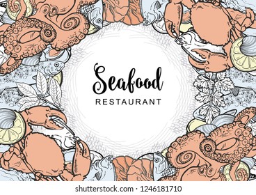 Vector seafood restaurant, cafe logo, advertising poster with square underwater animals delicacy pattern. Marine composition with crayfish, flatfish octopus and trout withlemon slice