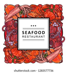 Vector seafood restaurant, cafe logo, advertising poster with square underwater animals delicacy sketch pattern. Marine composition with squid meat steak octopus and caviar with abstract splash