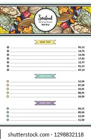 Vector seafood restaurant menu design template. cafe logo and list of dishes with sketch underwater animals delicacy pattern. Marine composition with mussels, oysters and sea shells with lemon slices