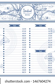 Vector Seafood Restaurant Menu Design Template. Cafe Logo And List Of Dishes With Sketch Underwater Animals Delicacy Pattern. Marine Composition With Monochrome Seabass, Tuna, Flatfish And Trout