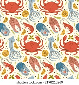 Vector seafood seamless pattern with crab, shrimp, squid, salmon and mussel. Background with ocean animals