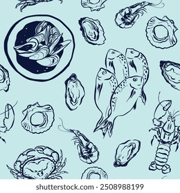 Vector seafood seamless pattern of dorado, lobster, oyster and shell. Hand-drawn food elements isolated on blue background. Aquatic illustration for design, print or background.