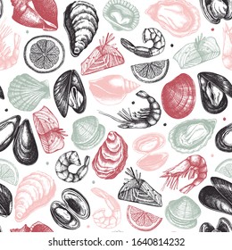 Vector seafood seamless pattern. Hand drawn fish, shellfish, shrimps, mollusks sketches with herbs, spices,  lemon background. Great for seafood restaurant or shop menu, packaging, wrapping paper.