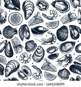 Vector seafood seamless pattern. Hand drawn fish, shellfish, shrimps, mollusks sketches with herbs, spices, lemon background. Great for seafood restaurant or shop menu, packaging, wrapping paper.