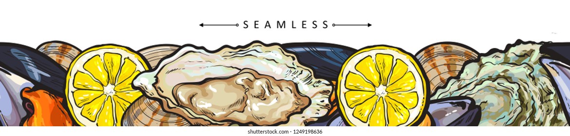 Vector seafood seafood seamless pattern with underwater animals delicacy sketch. Marine package design, poster template with mussels, oyster seashell with lemon slice